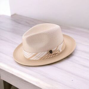 MONTIQUE MEN'S BEIGE FEDORA HAT W/CHECKERED RIBBON BAND. H2512